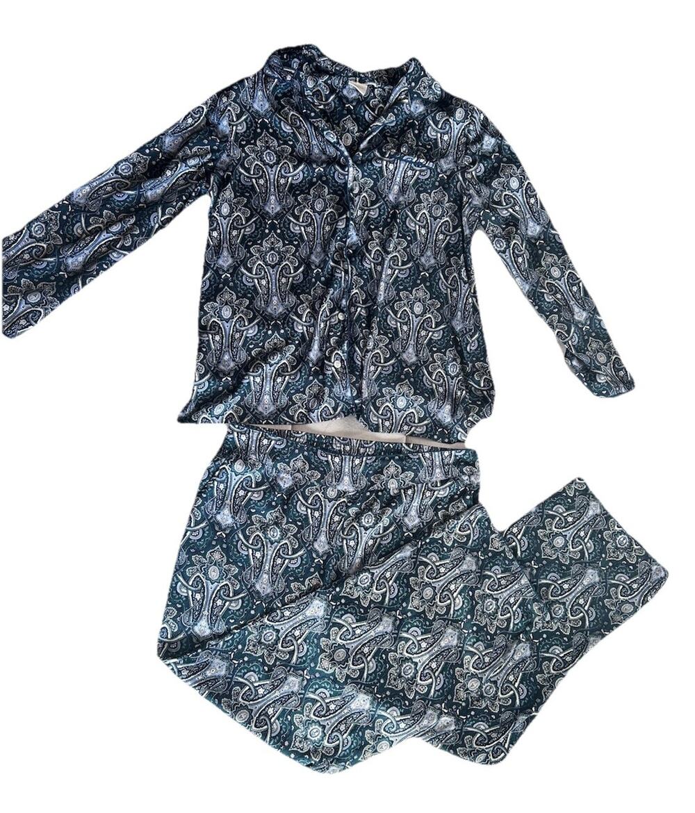 Soma Paisley Long Pajamas Blue Silky Classy Size Large Cooling Luxury Comfort